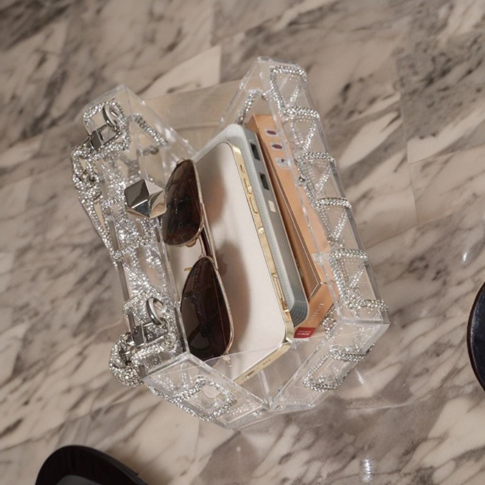 Clear Acrylic Evening Clutch with Silver Crystal Grid - Picture 3 of 4